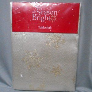 Make the Season Bright gold snowflake tablecloth